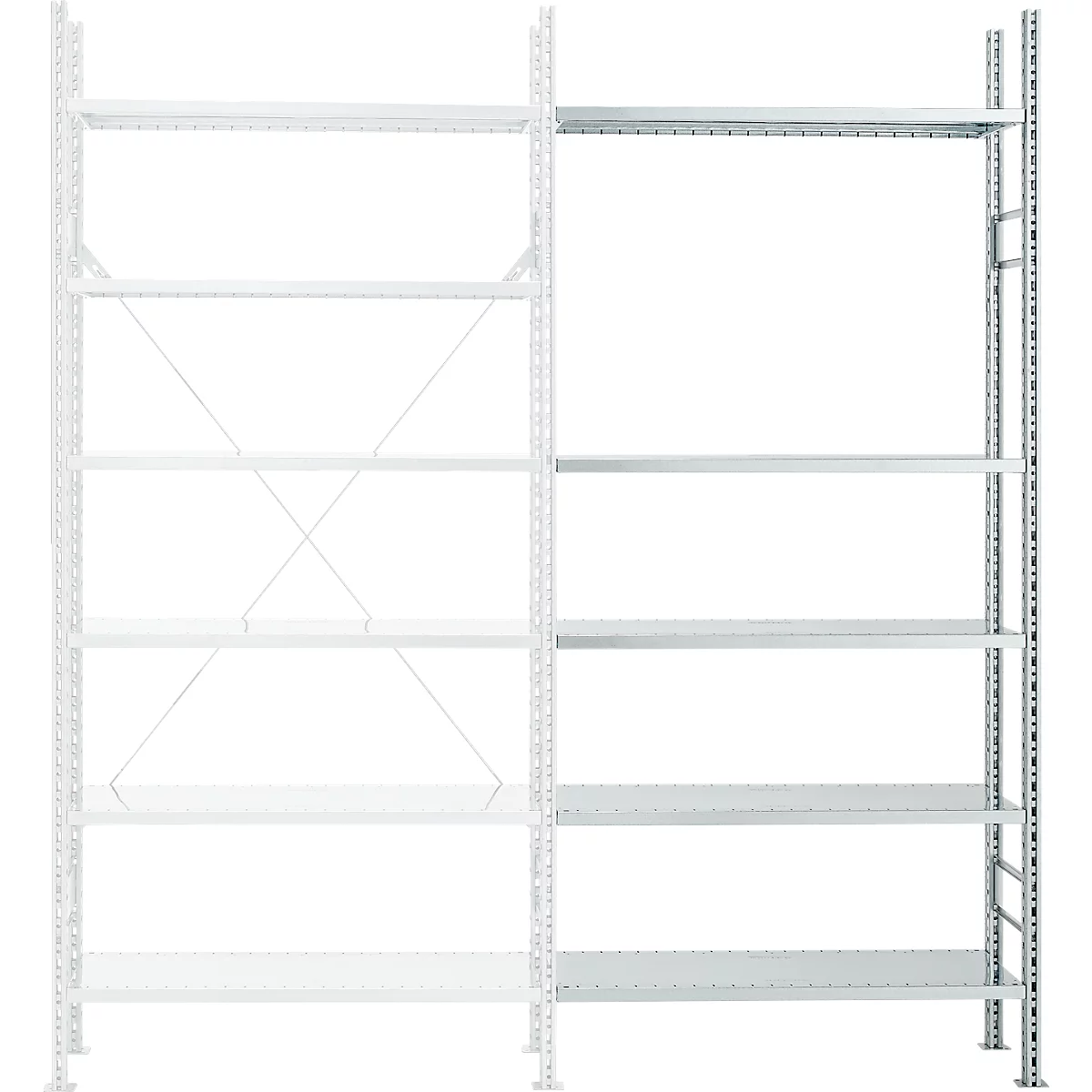 White metal shelving unit, isolated. Consisting of multiple shelves and support pillars. Perfect for storage.