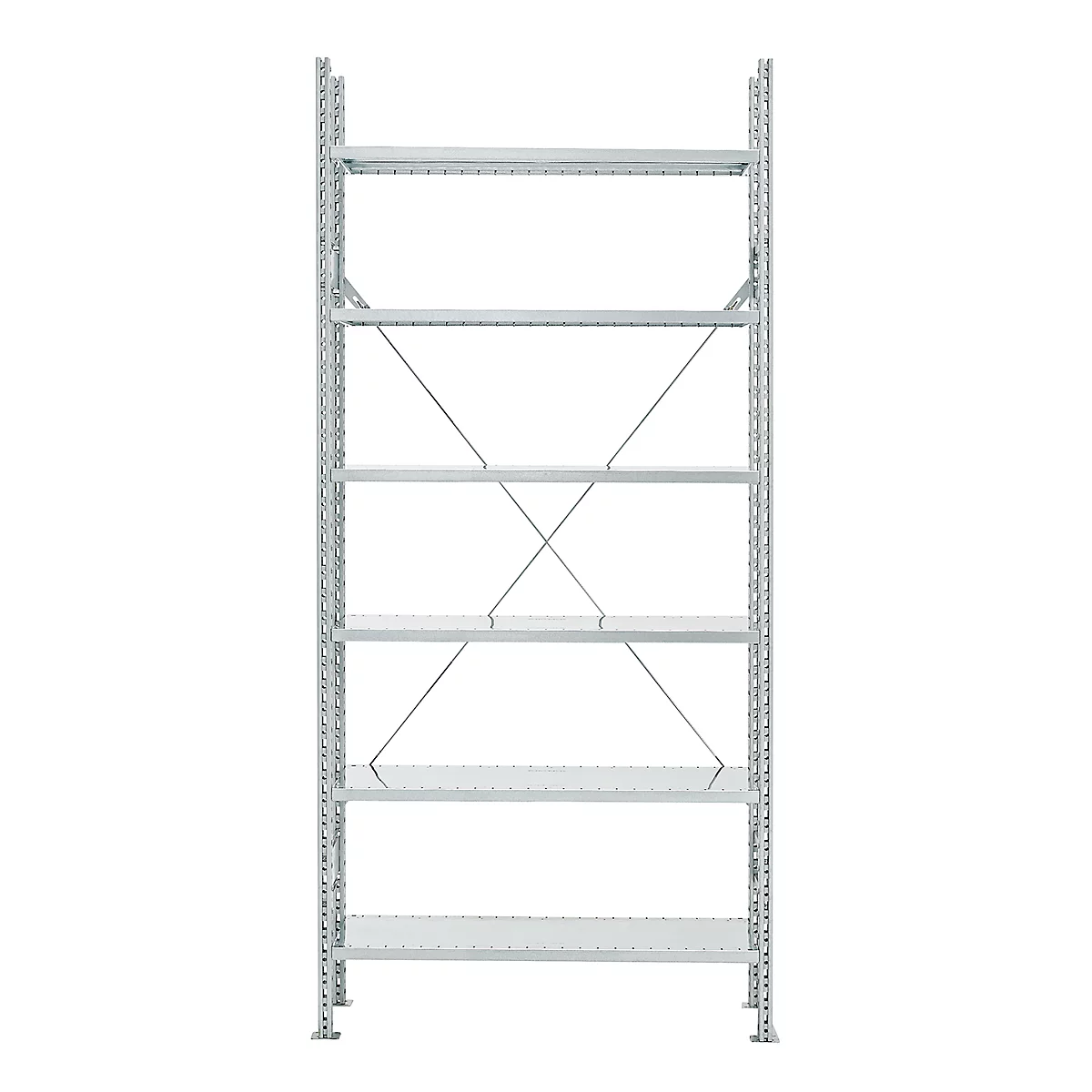 A gray storage rack with six shelves, stabilized by diagonal struts, against a white background.