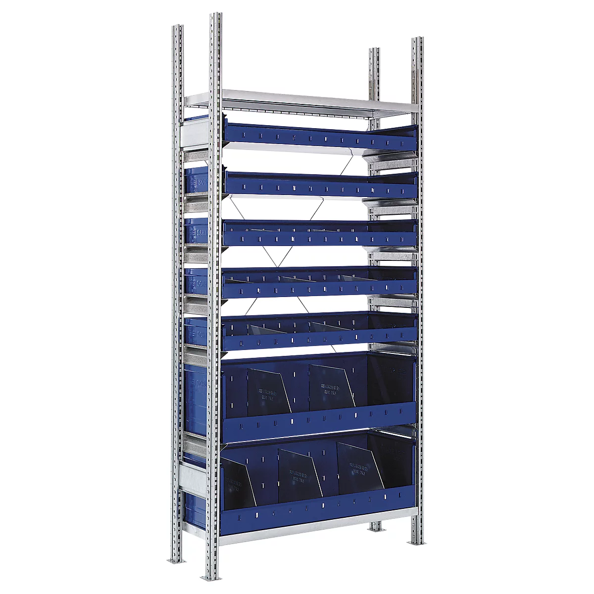A metal shelf with blue plastic containers. The shelves are arranged in different sizes and arrangements.