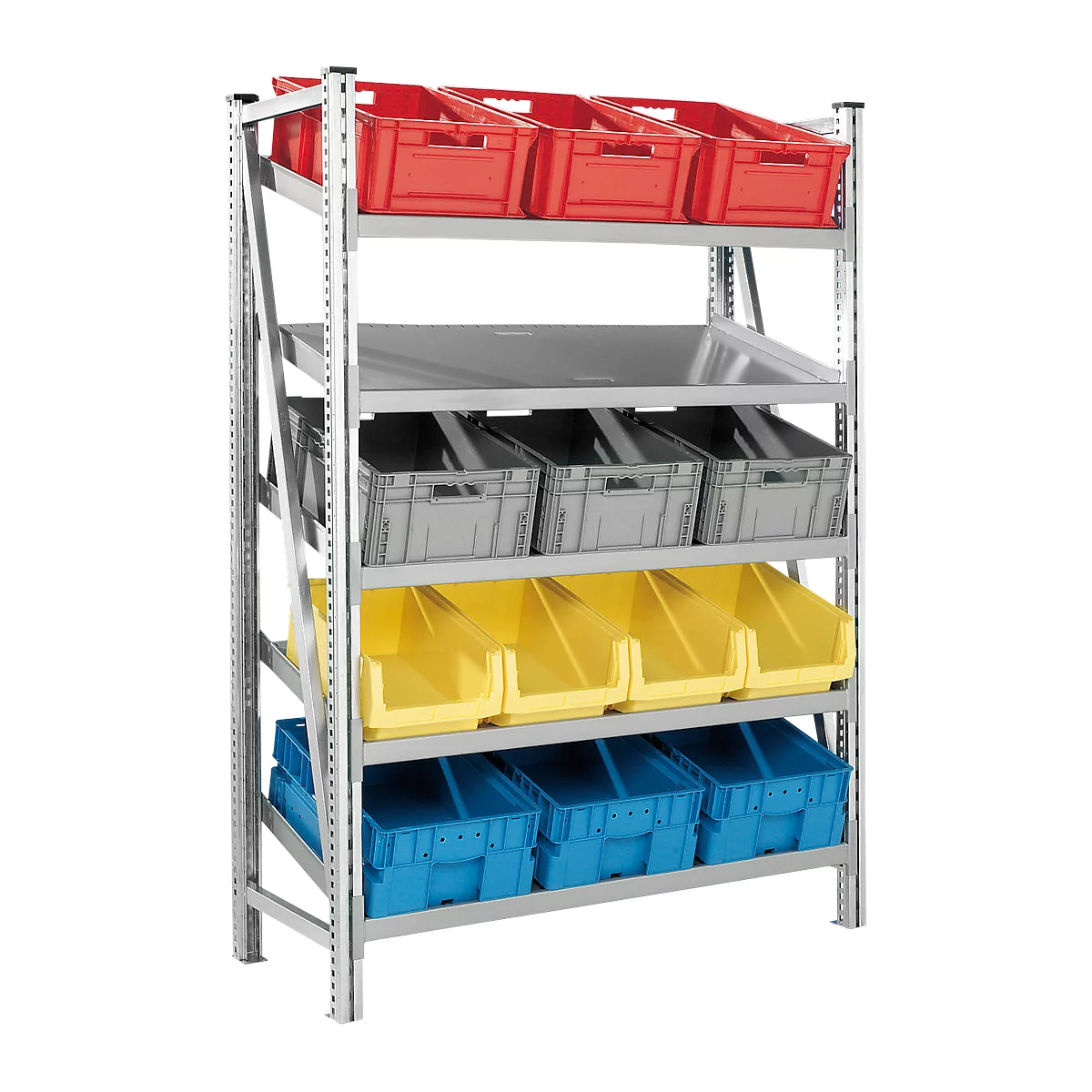 Shelf with red, gray, yellow and blue plastic boxes.