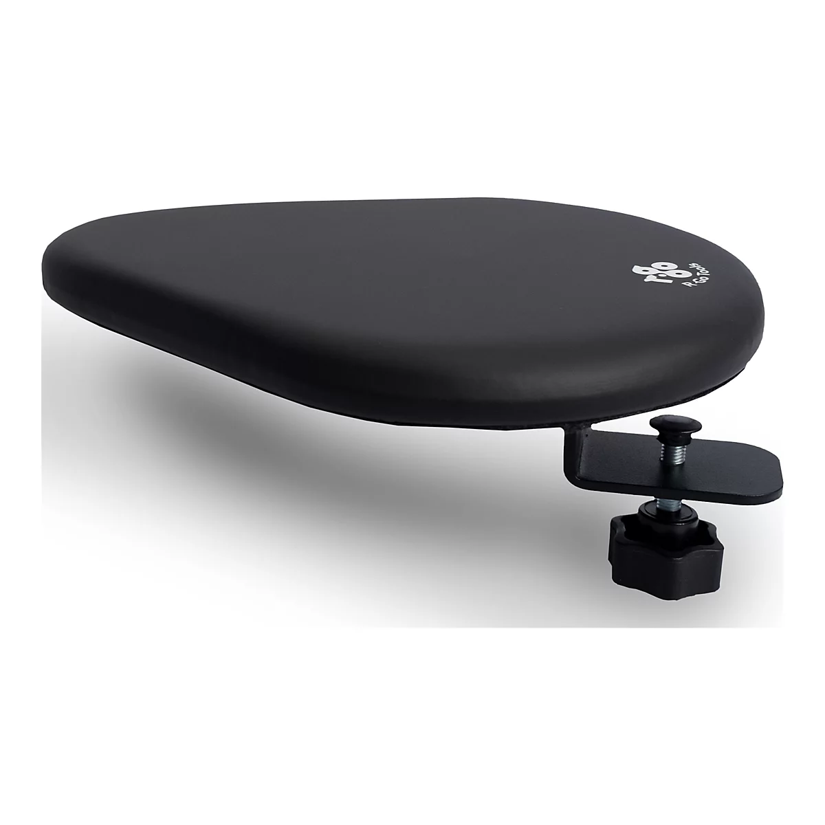 Accoudoir ovale noir avec support. Logo en haut. Support avec vis et bouton.