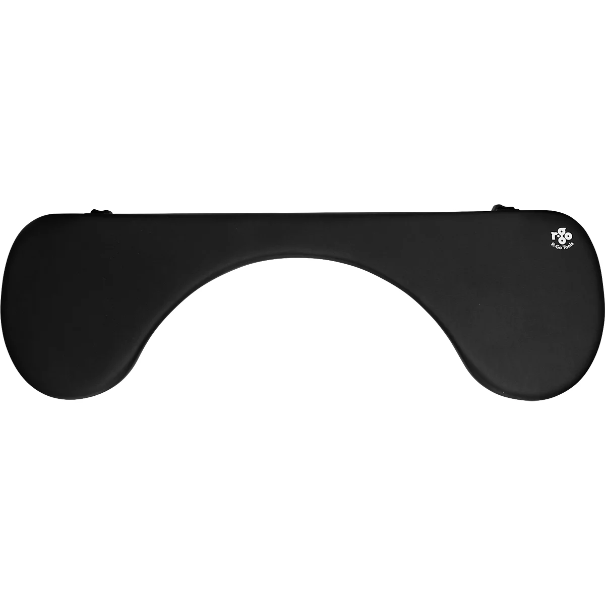 Black, ergonomic keyboard rest in wave shape with logo.