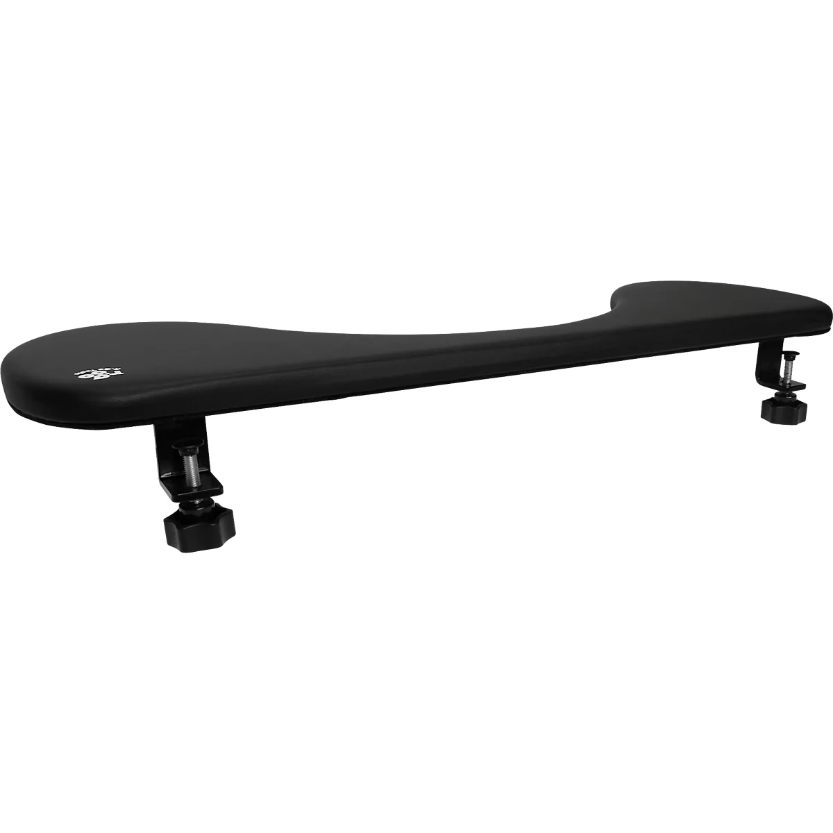 Black armrest for attachment to a desk. Shaped like a long cast. Fastening with screws and brackets.