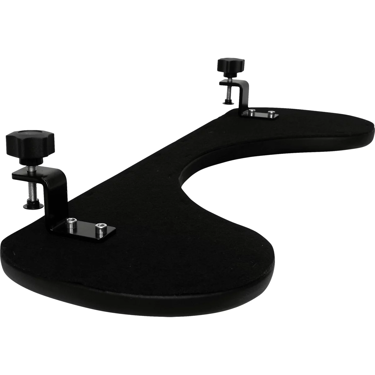 Black armrest with two screw clamps for attaching to a desk edge.