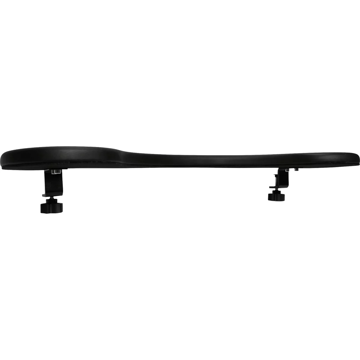 Black armrest with two brackets. The brackets are attached to the ends of the armrest and each have a rotary knob.