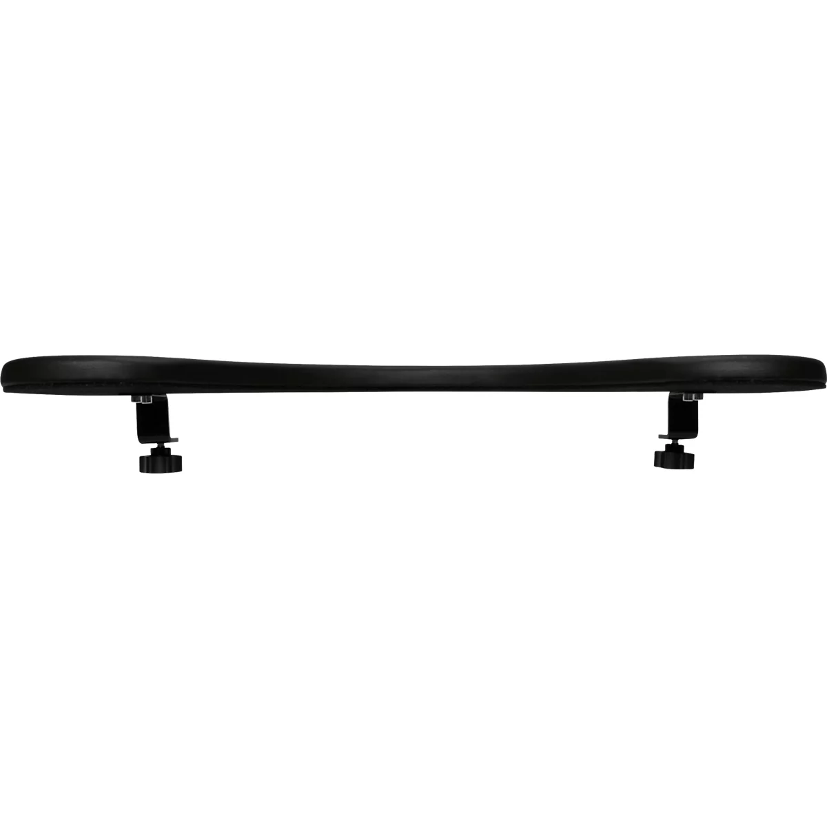 Black armrest with two brackets and adjustment wheels.