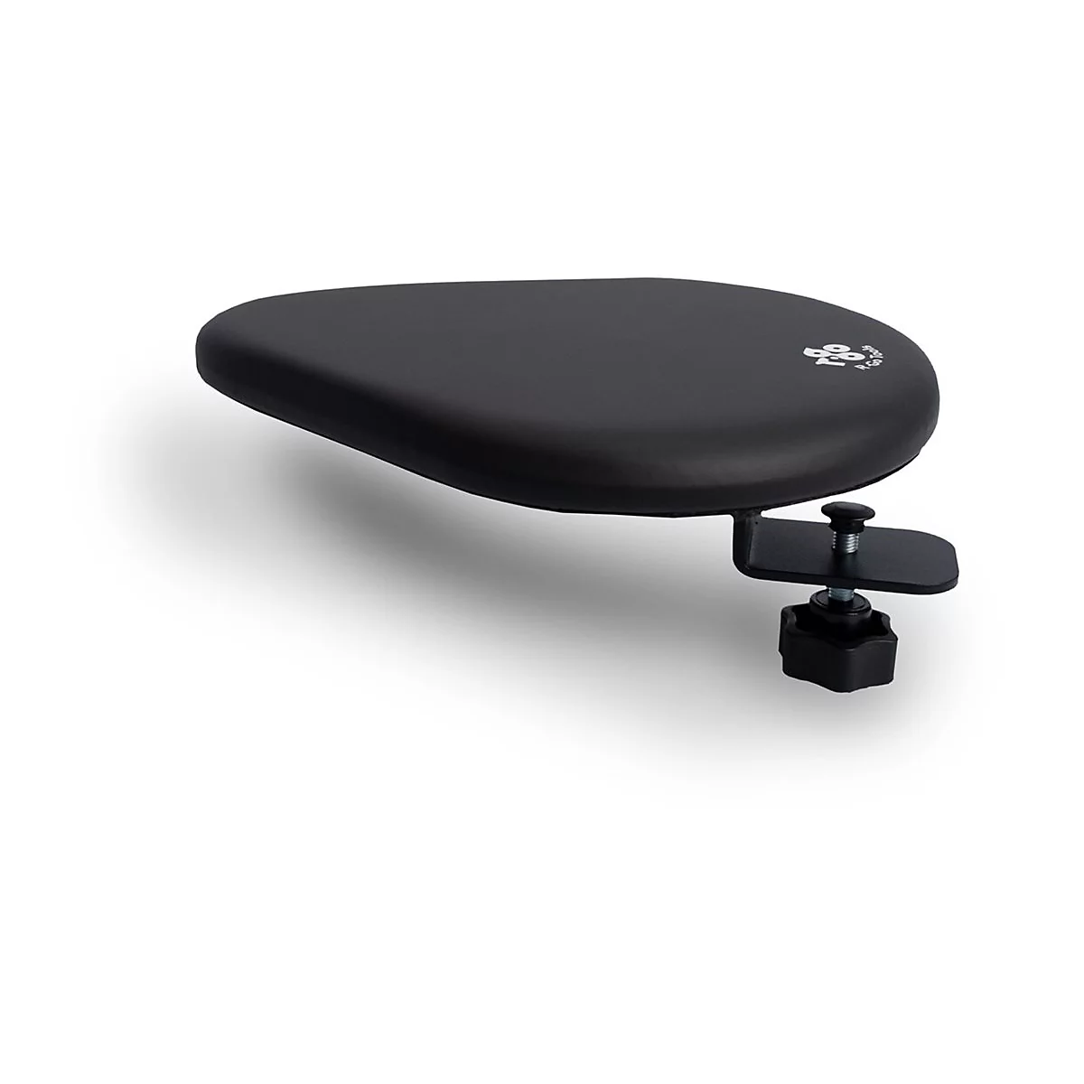 Schwarze, ergonomische Armstütze zur Befestigung am Schreibtisch mit Schraubklemme.