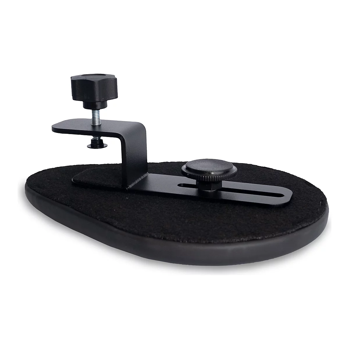 Ein schwarzes Armauflagen-Zubehör, mit einem gepolsterten ovalen Boden und einer Metallkonstruktion mit Schrauben und Knöpfen.