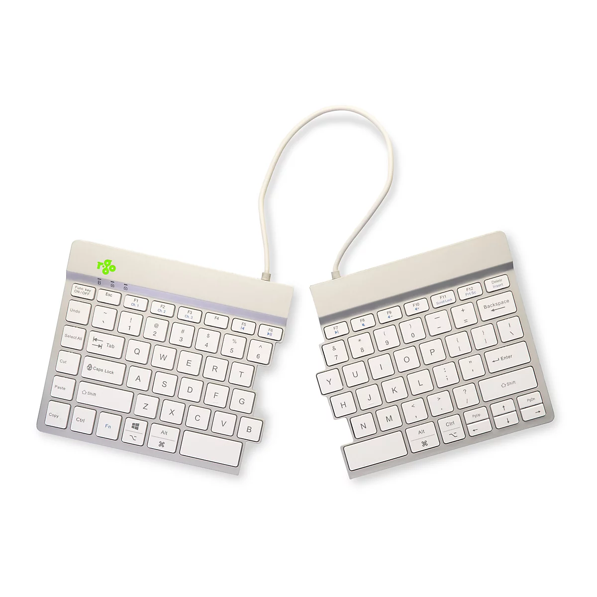 Un clavier divisé, de couleur crème, avec des touches blanches et un câble blanc reliant les deux moitiés. Le logo est vert.