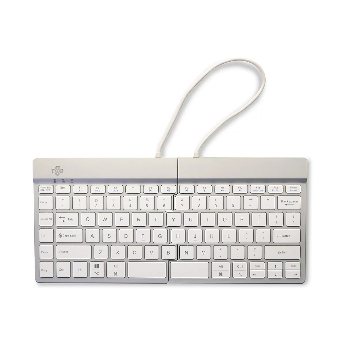 Clavier divisé gris clair avec touches et câble blancs. Le clavier porte le logo "T.go".