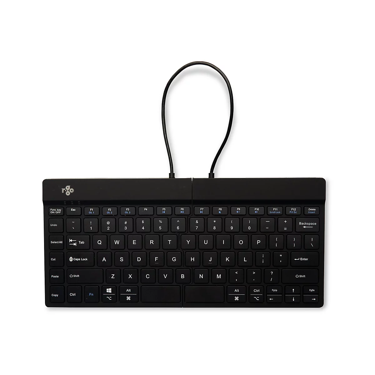 Vue de dessus d'un clavier noir pliable avec des lettres blanches sur les touches. Un câble noir relie les deux moitiés. Le fond est blanc.
