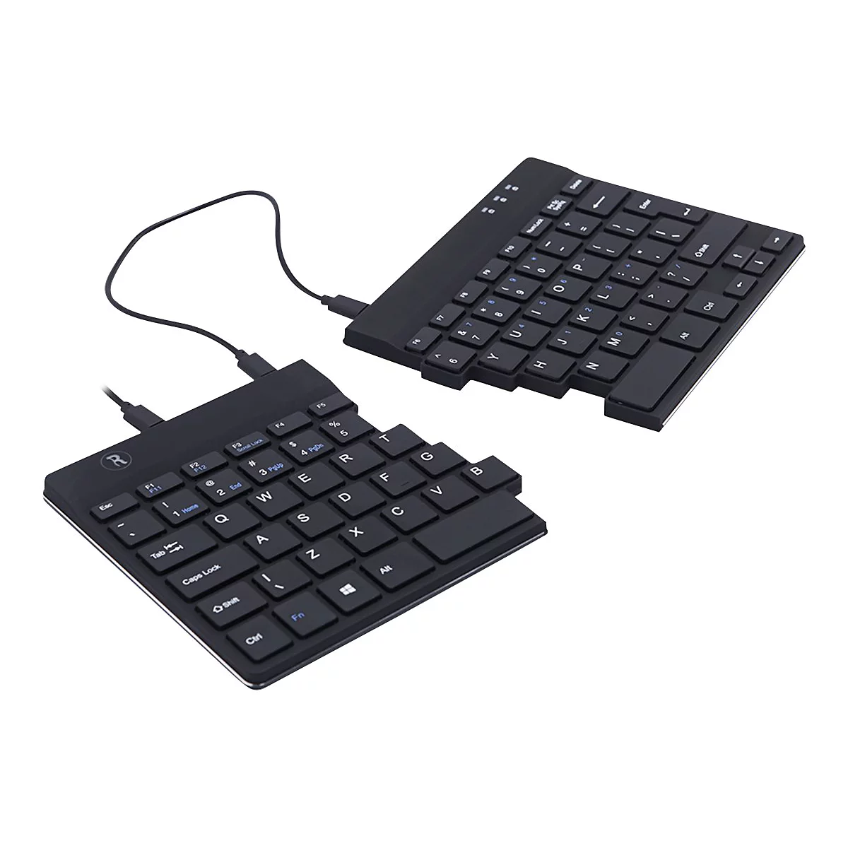 Clavier noir divisé avec câble, étiquettes des touches en blanc, isolé sur fond blanc.