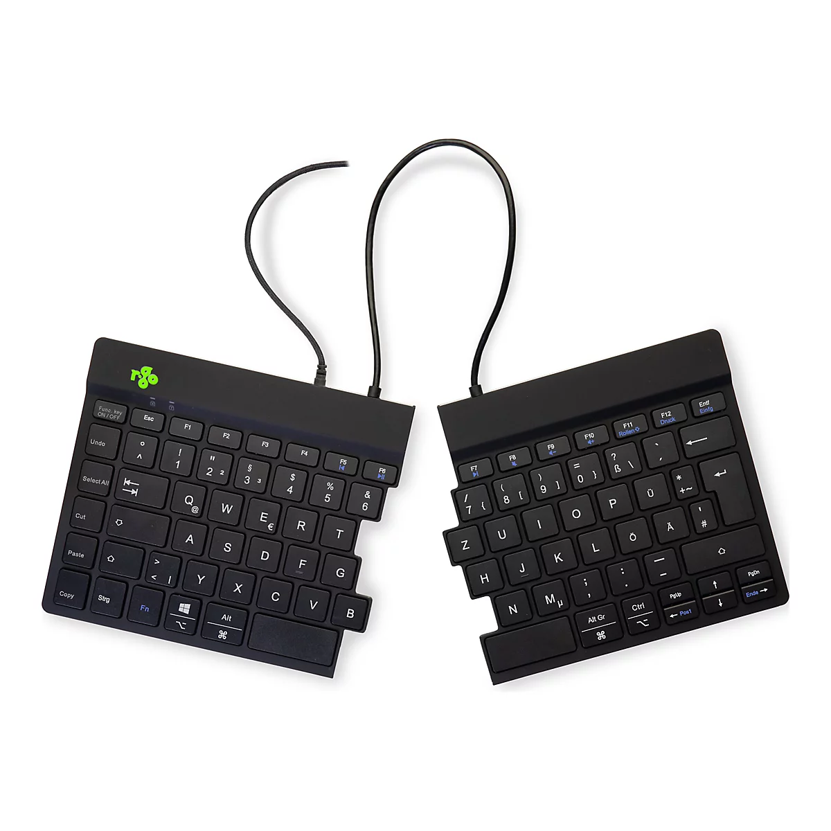 Clavier divisé noir avec connexion par câble. Les lettres et les caractères spéciaux sont imprimés en blanc. Il y a des touches de fonction et une marque de logo en haut à droite.