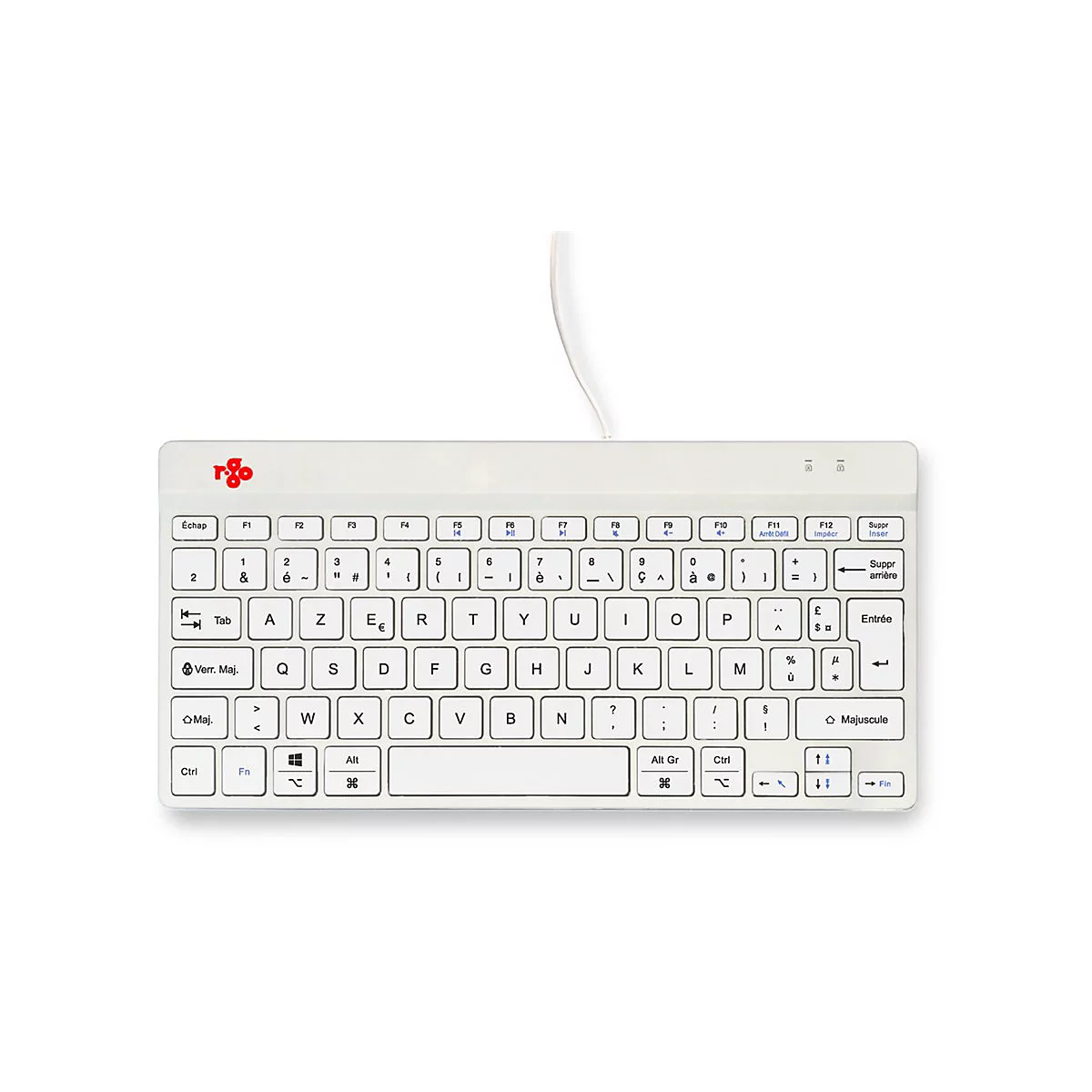Weiße, kabelgebundene R-Go Tools Kompakt-Tastatur mit französischem AZERTY-Layout auf weißem Hintergrund.