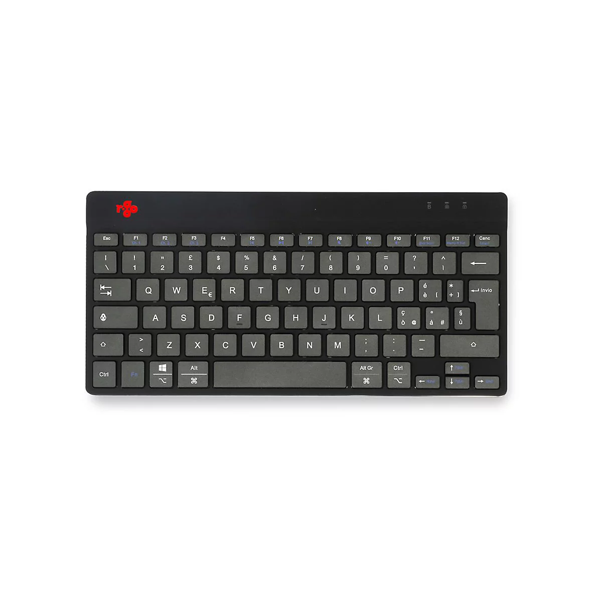 Schwarze kompakte Tastatur mit QWERTY-Layout und rotem Firmenlogo oben links vor weißem Hintergrund.