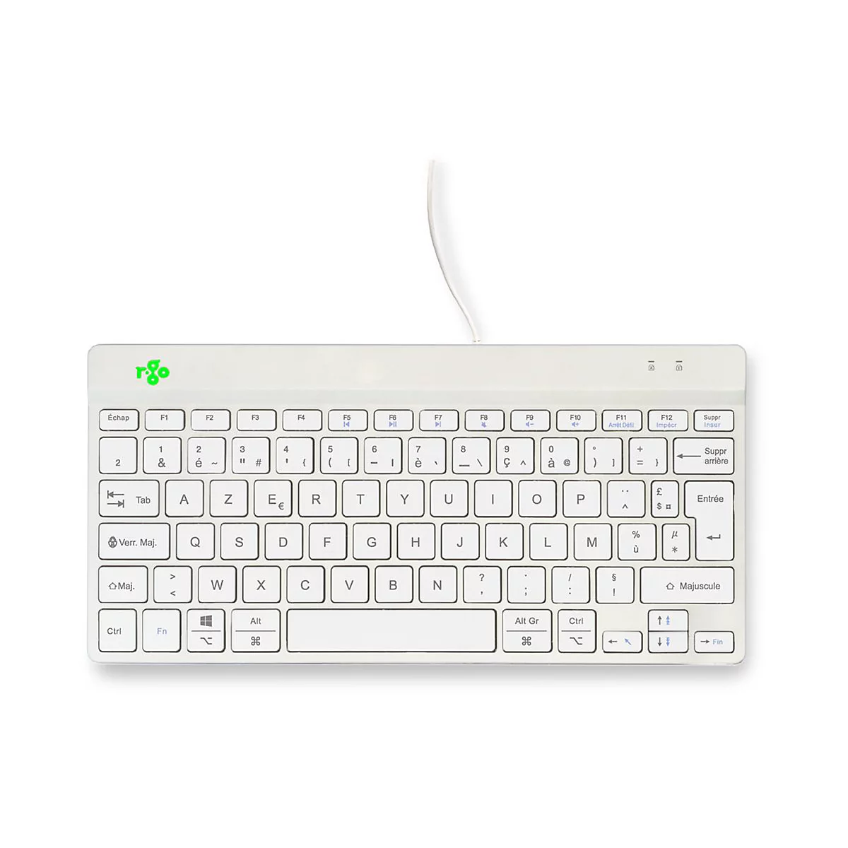 Weiße kompakte R-Go Tools Computertastatur mit französischem AZERTY-Layout und Kabel auf weißem Grund.