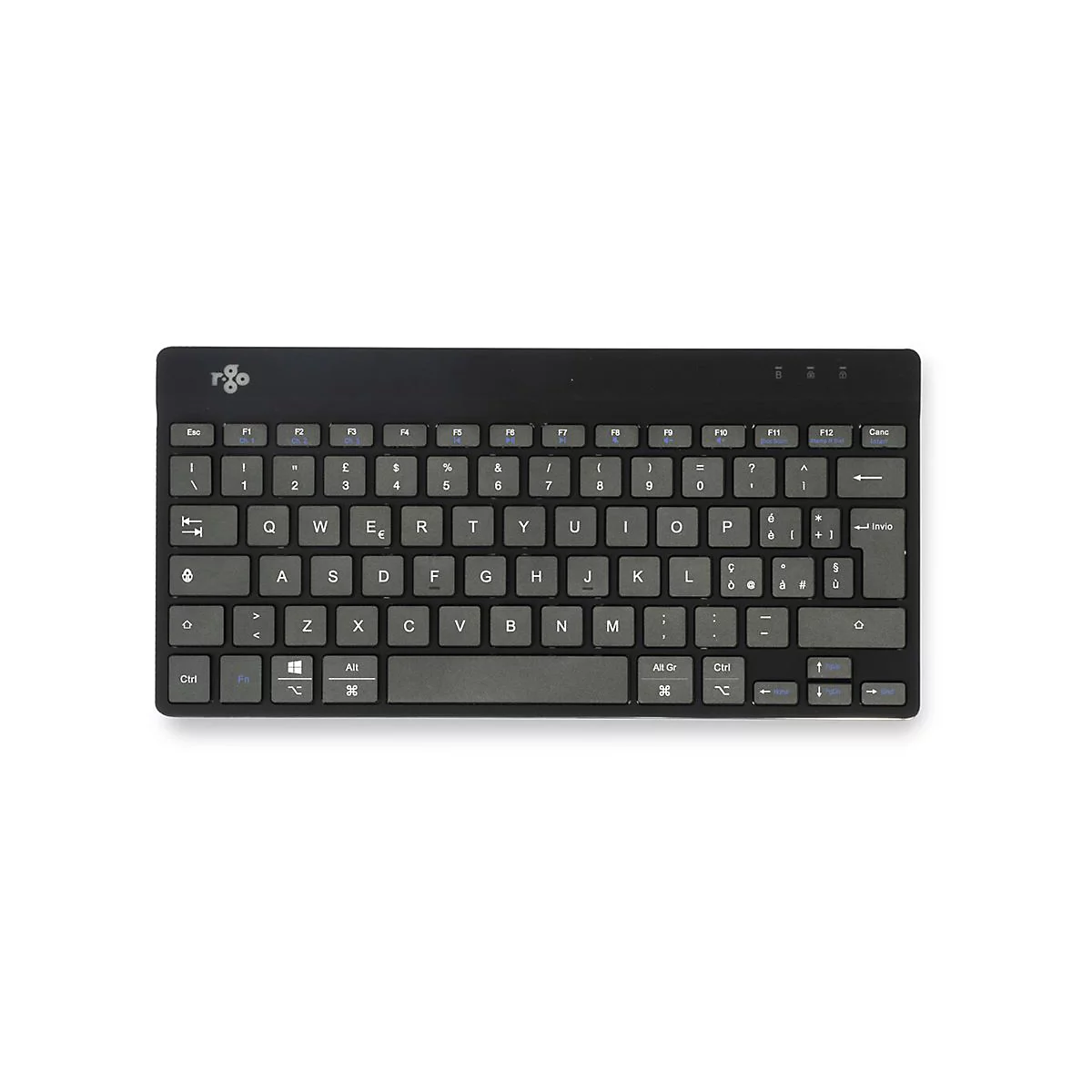 Schwarze kompakte R-Go Tools Tastatur vor weißem Hintergrund.
