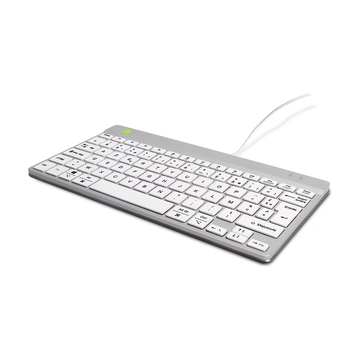 Weiße, kabelgebundene Tastatur mit flachen Tasten und französischem Layout auf weißem Hintergrund.