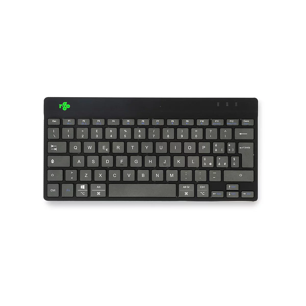 Schwarze, kompakte R-Go Tools Tastatur im QWERTY-Layout vor weißem Hintergrund.