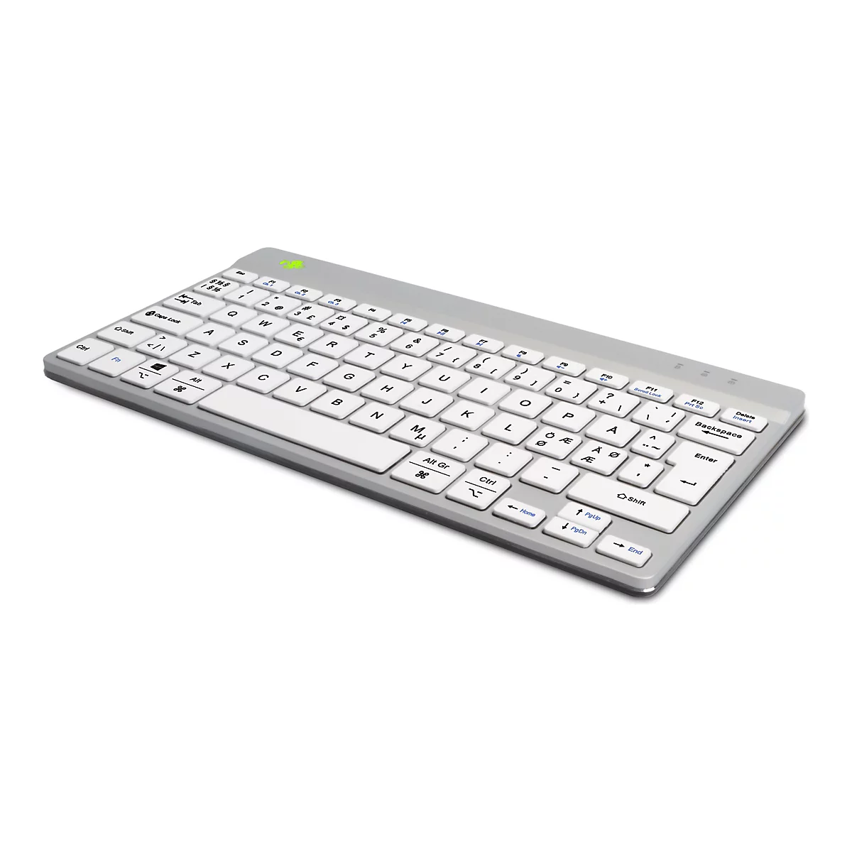 Ein silbernes drahtloses Keyboard, weiße Tasten mit schwarzer Beschriftung, vor weißem Hintergrund.