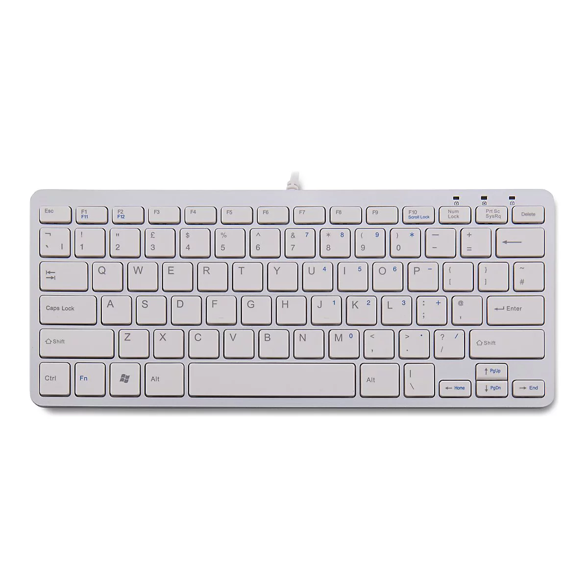 Hellgraue Kompakt-Tastatur von oben gesehen. Tasten sind beschriftet.