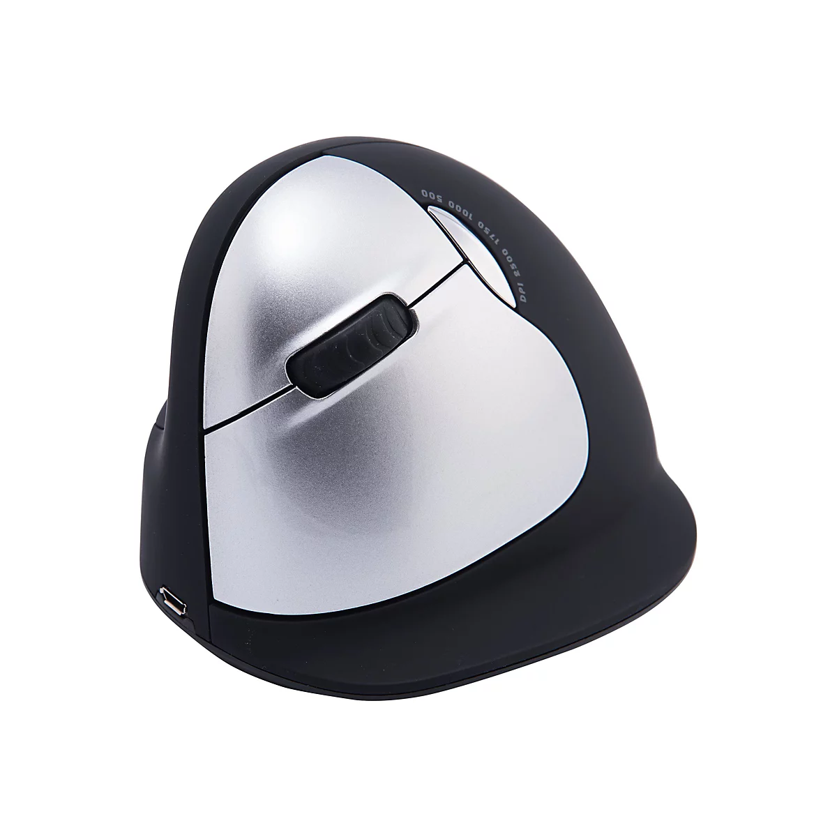 Ergonomische Vertikalmaus in Schwarz und Silber. Auf der Oberseite befinden sich DPI-Einstellungen, ein Scrollrad und Tasten.