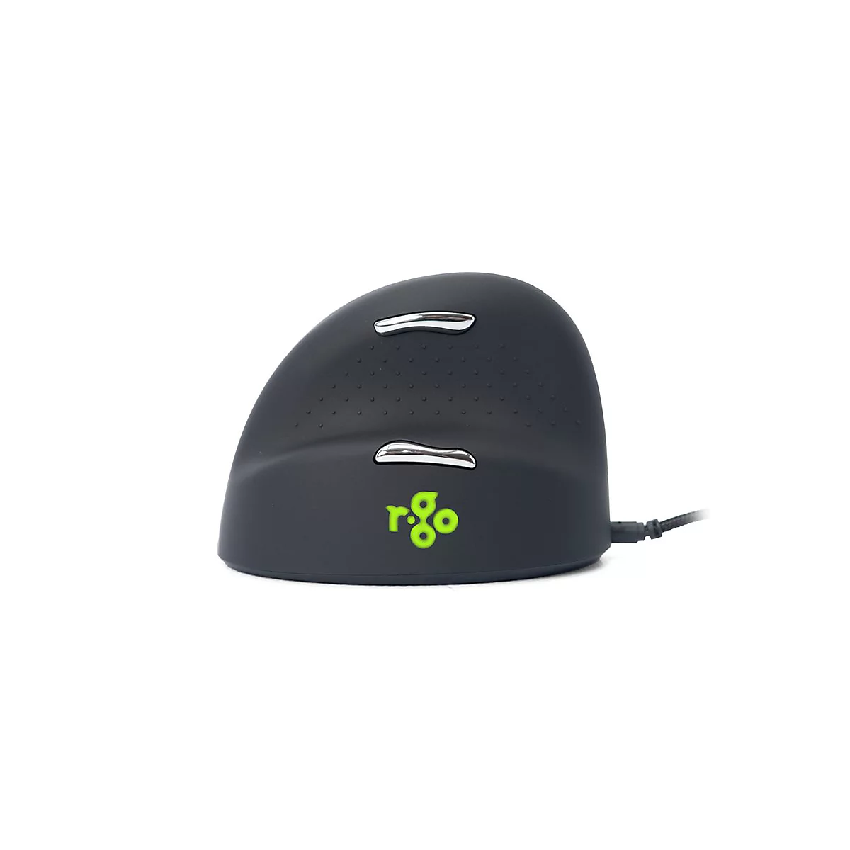 Schwarze, ergonomische Vertikal-Maus mit grünem R-Go-Logo auf weißem Hintergrund.