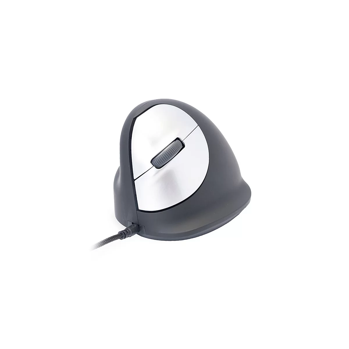 Vertikale ergonomische Computermaus in Grau mit silbernem Tastenbereich und Scrollrad.