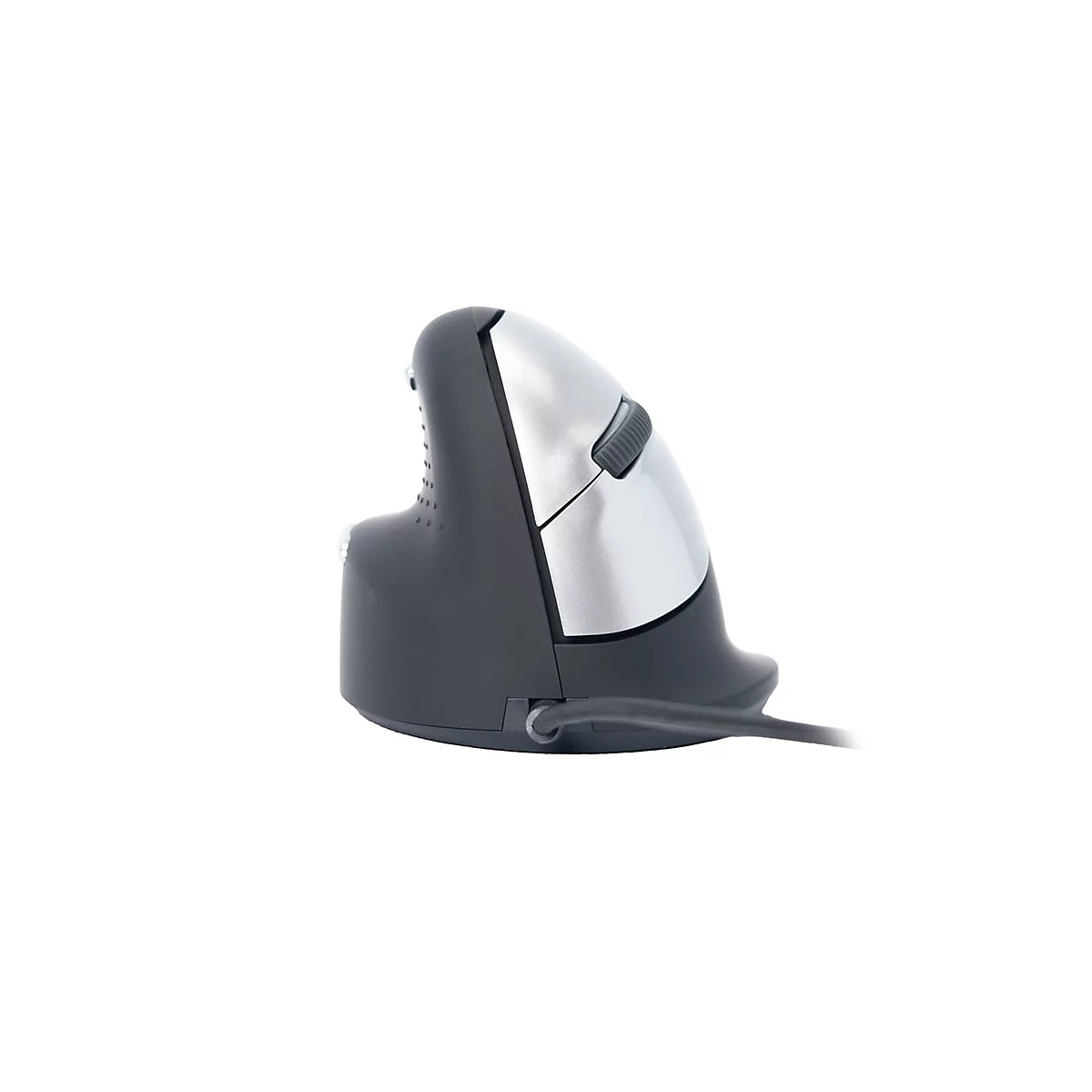 Vertikale, ergonomische Computermaus in Schwarz und Silber vor weißem Hintergrund.