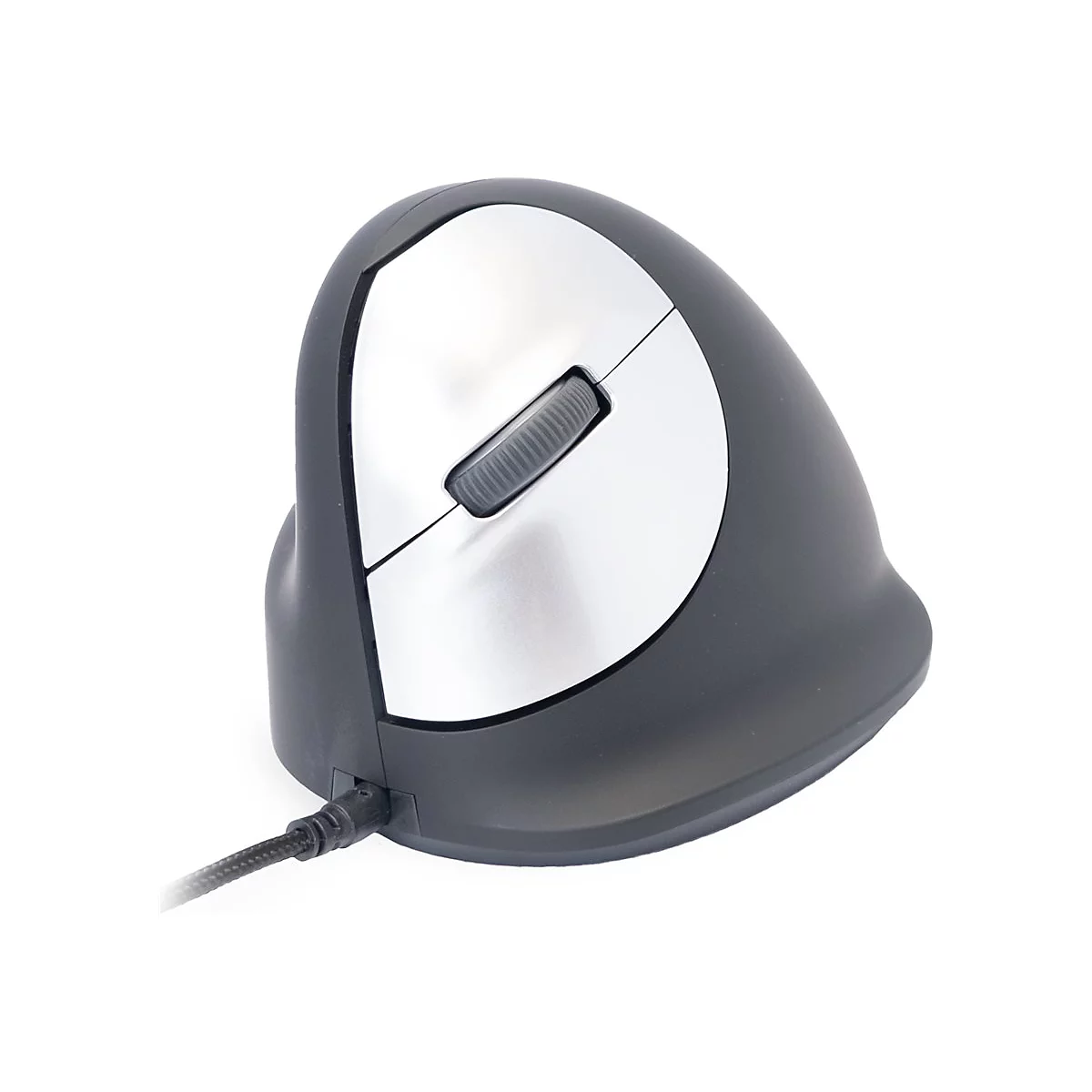 Ergonomische Vertikalmaus in Schwarz und Silber. Mit Kabel und Rollrad.