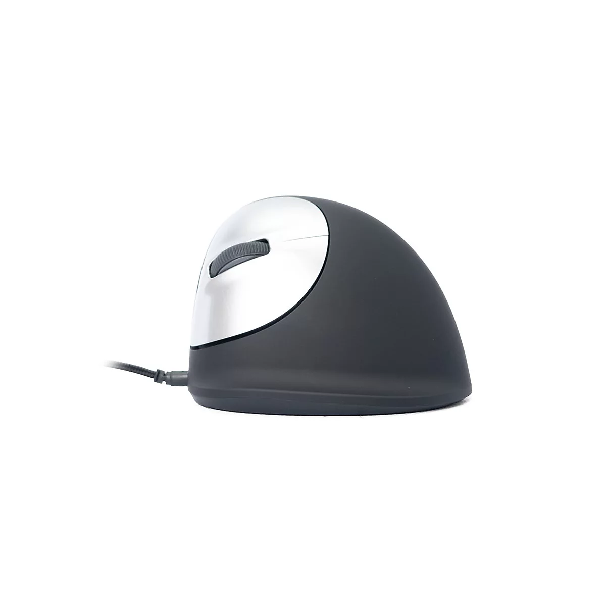 Vertikale, ergonomische Computermaus in Schwarz und Silber mit Kabel vor weißem Hintergrund.
