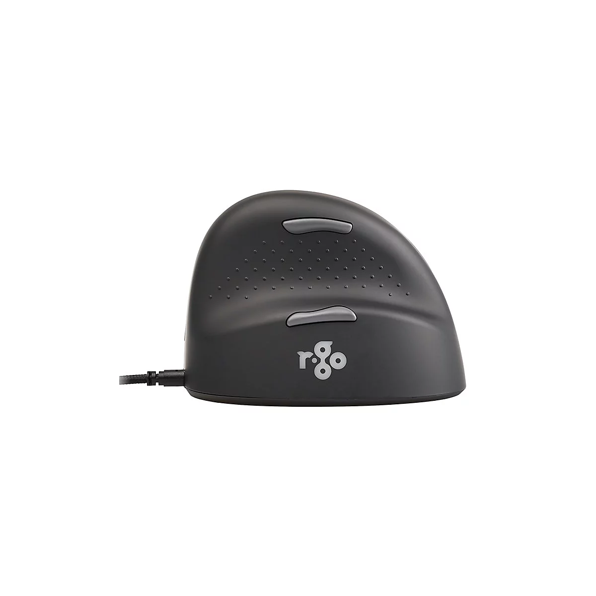 Vertikale R-Go Tools Maus in Schwarz mit zwei Seitentasten und Firmenlogo auf weißem Hintergrund.