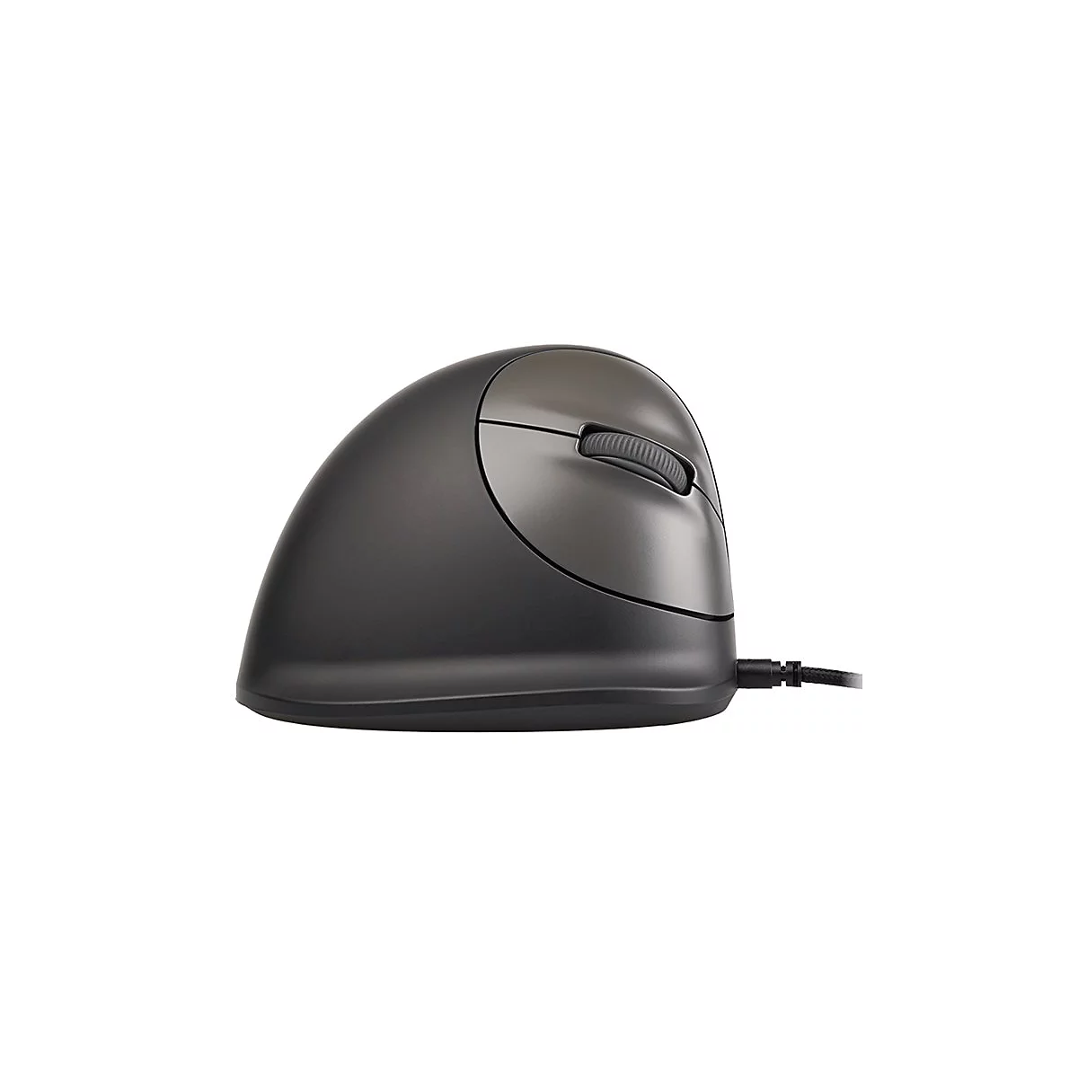 Dunkelgraue, ergonomische Vertikal-Maus mit Mausrad auf weißem Hintergrund.