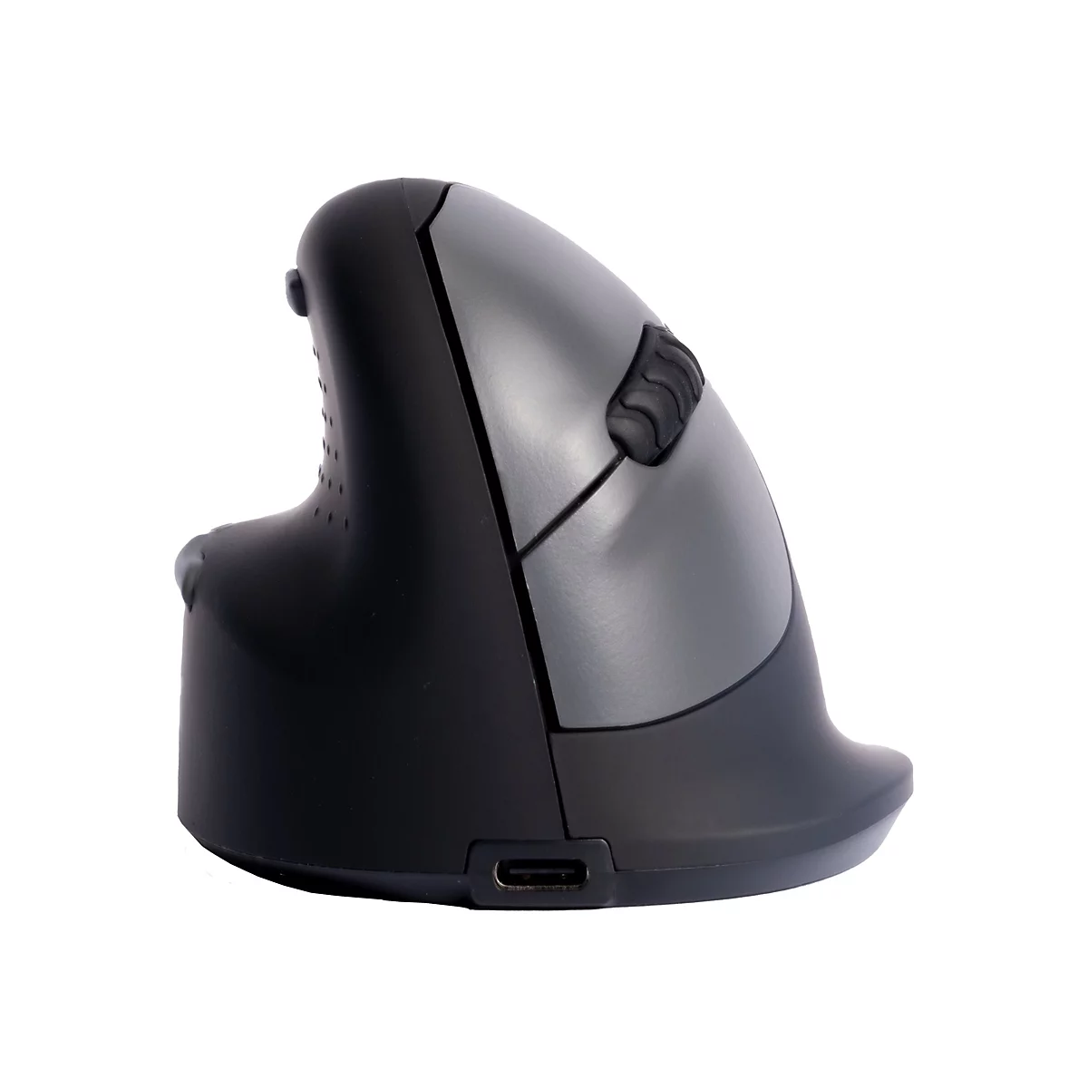 Ergonomische Vertikalmaus in Schwarz und Grau, mit seitlichen Tasten und USB-Anschluss.