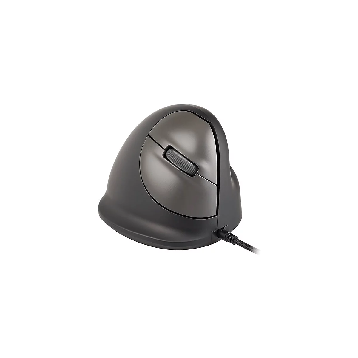 Vertikale, dunkelgraue ergonomische Computermaus mit Kabel vor weißem Hintergrund.