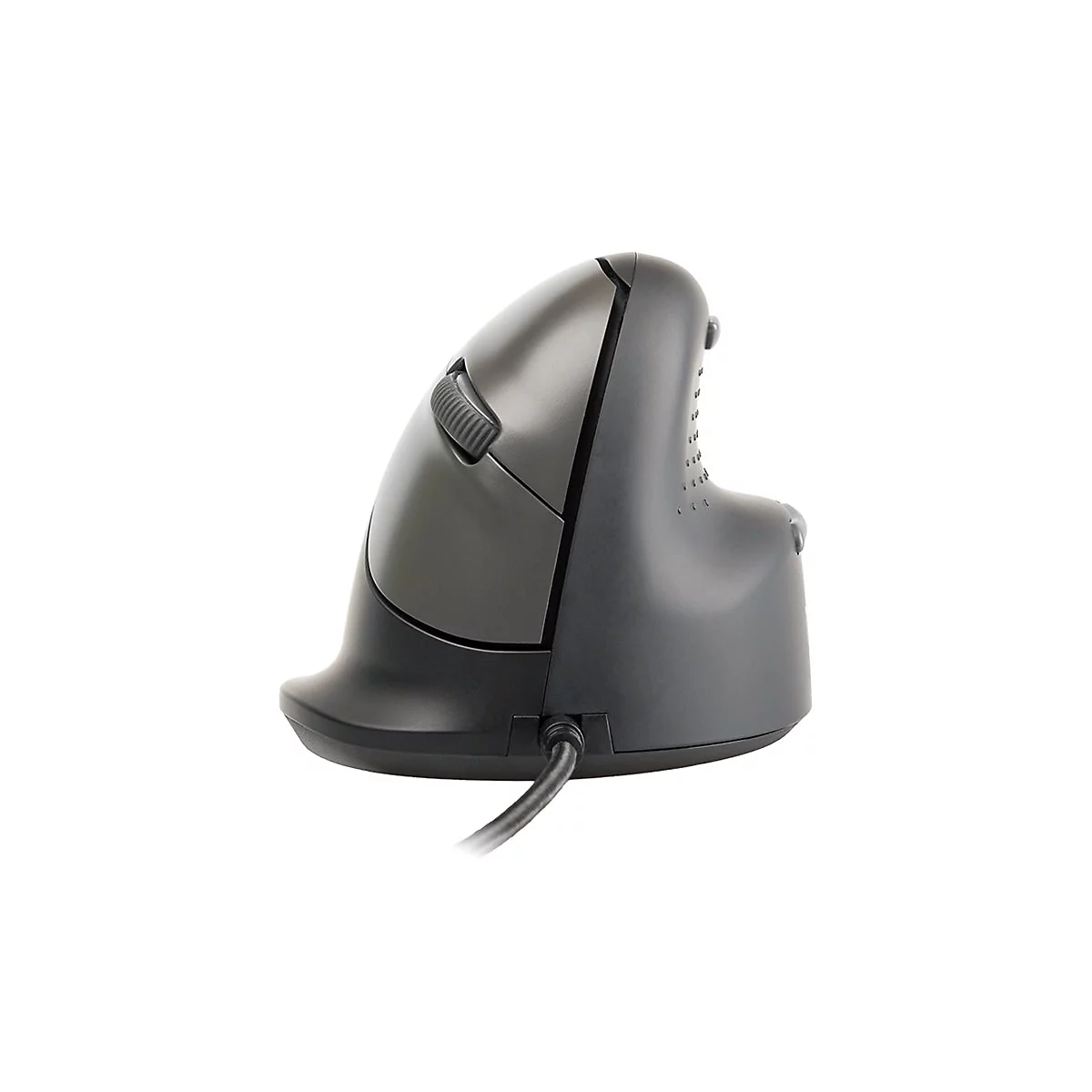 Seitliche Ansicht einer grauen, ergonomischen Vertikalmaus mit Kabel vor weißem Hintergrund.