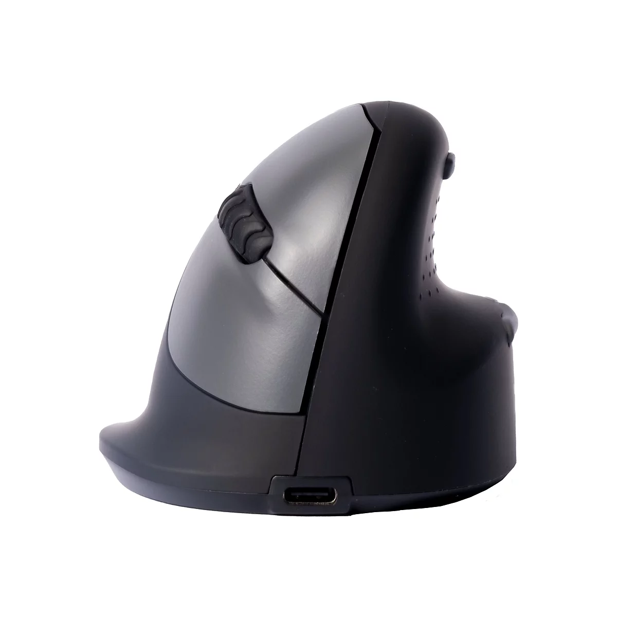 Draufsicht auf eine ergonomische, vertikale Computermaus. Schwarz-grau mit Daumenablage.