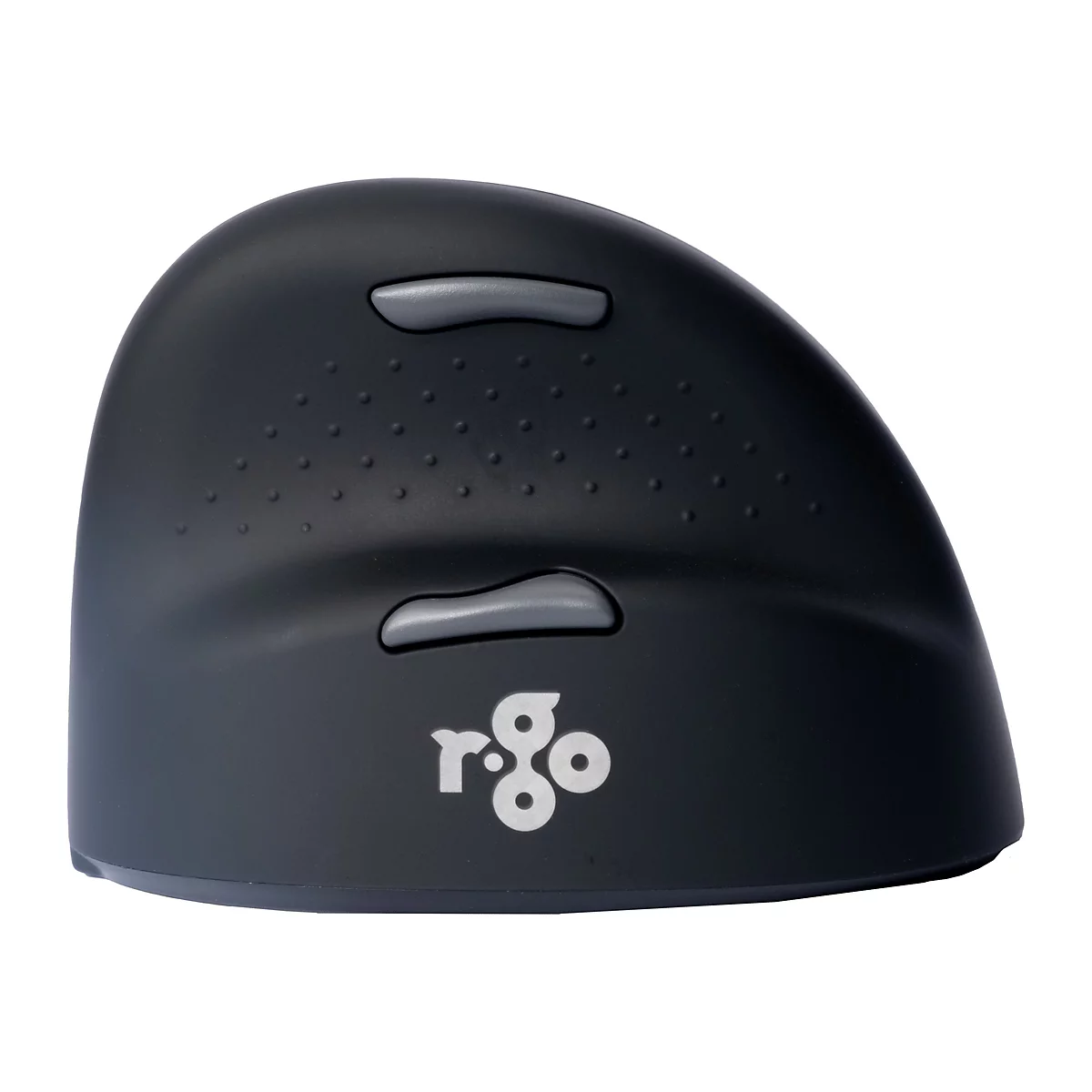 Schwarze ergonomische Maus mit zwei grauen Knöpfen und Logo "r-go".