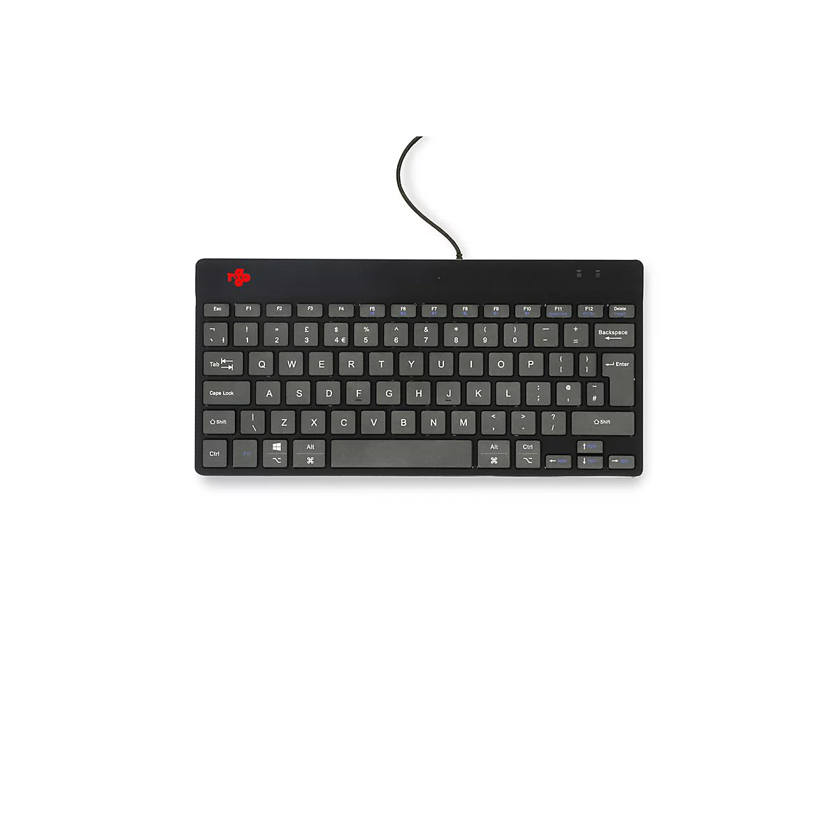 Schwarze, kabelgebundene Kompakt-Tastatur mit weißer Beschriftung und einem kleinen roten Logo oben links.