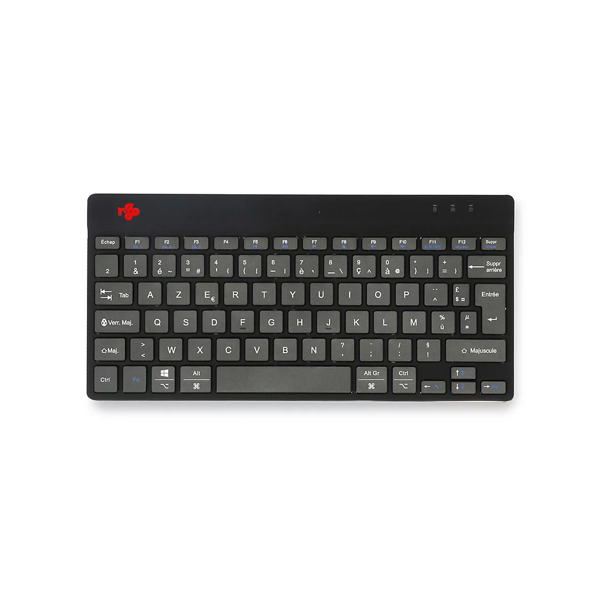 Schwarze, flache AZERTY-Tastatur von R-Go Tools mit weißen Tastenbeschriftungen vor weißem Hintergrund.