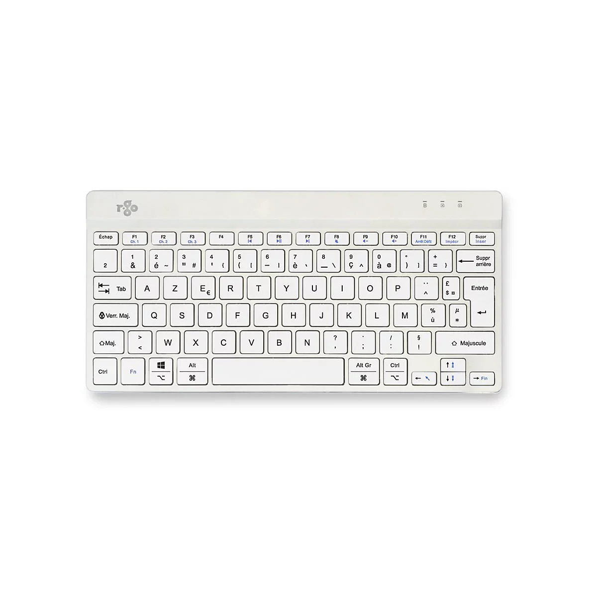 Weiße, kompakte R-Go Tools Tastatur mit französischem AZERTY-Layout vor weißem Hintergrund.
