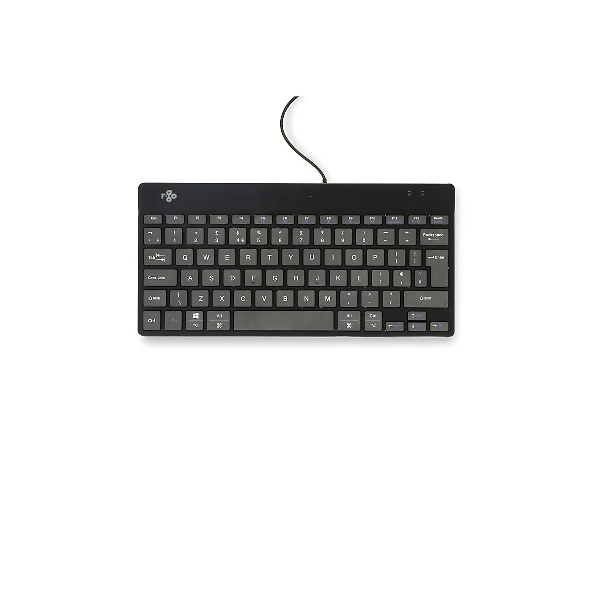 Schwarze, kompakte R-Go Tools Tastatur vor weißem Hintergrund.