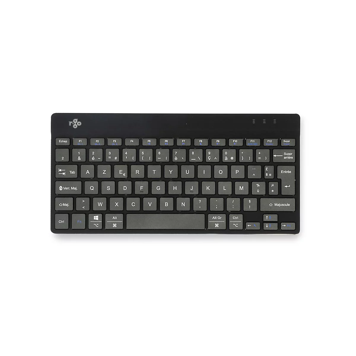 Schwarze kompakte Tastatur mit AZERTY-Layout und R-Go-Logo oben links auf weißem Hintergrund.