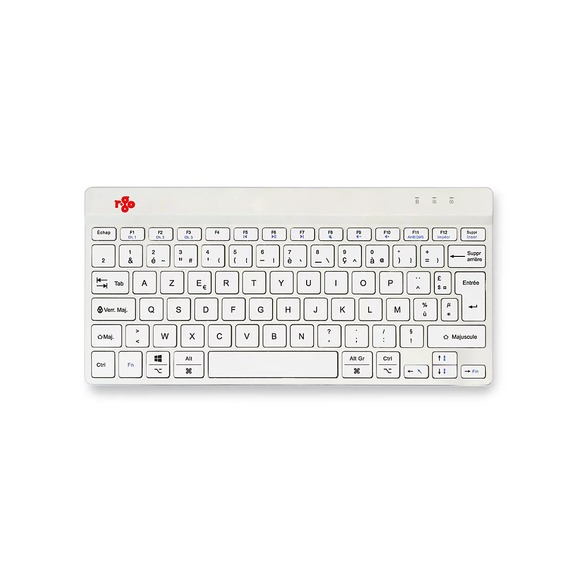 Weiße, kompakte R-Go Tools Tastatur mit französischem AZERTY-Layout auf hellem Hintergrund.