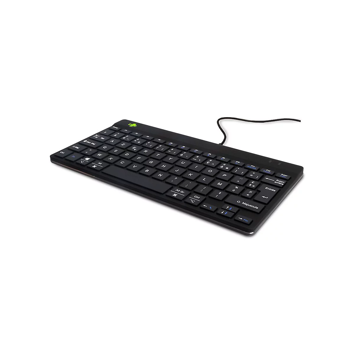 Schwarze, flache Computer-Tastatur mit Kabel und französischem AZERTY-Layout auf weißem Hintergrund.