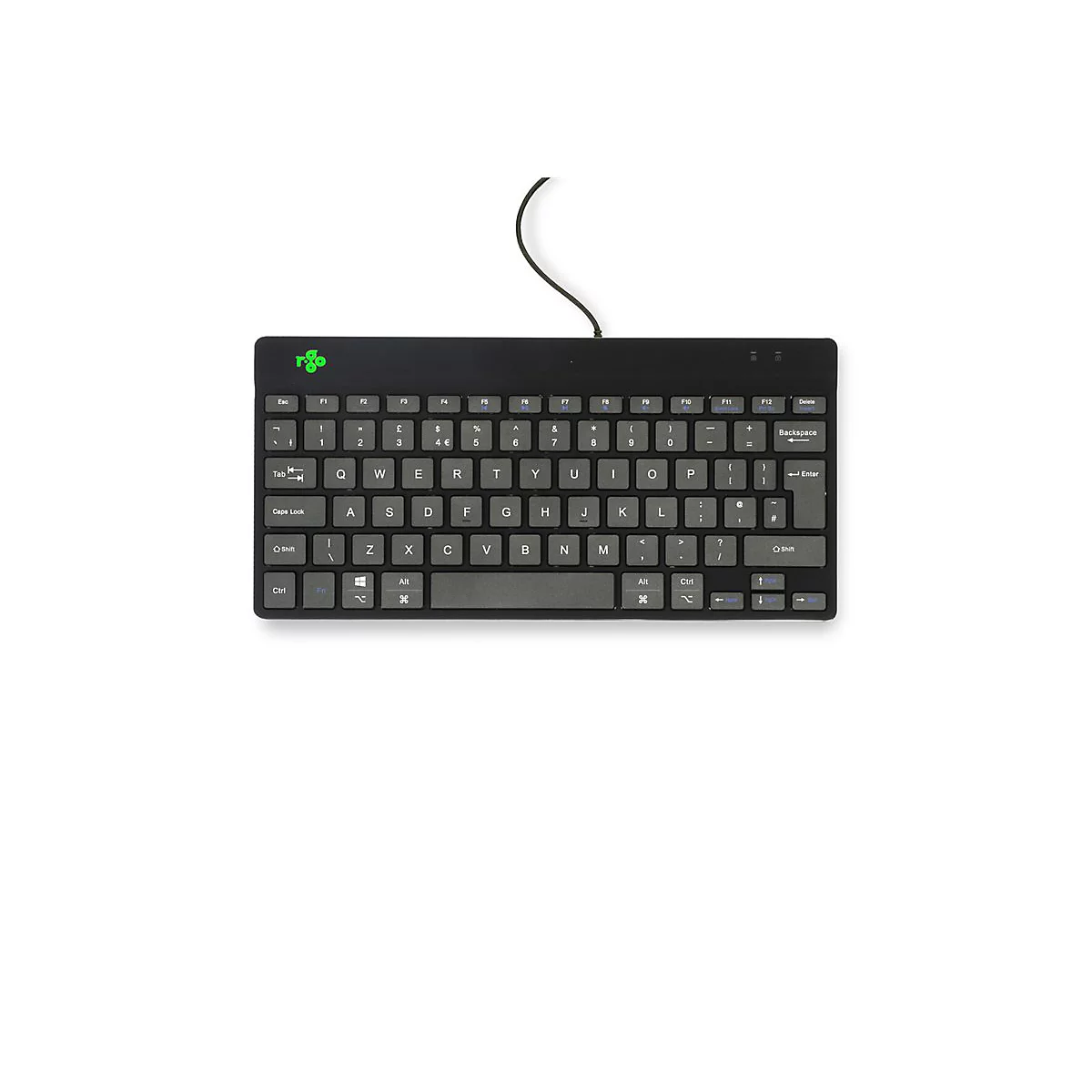 Schwarze kompakte R-Go Tastatur mit Kabel vor weißem Hintergrund.