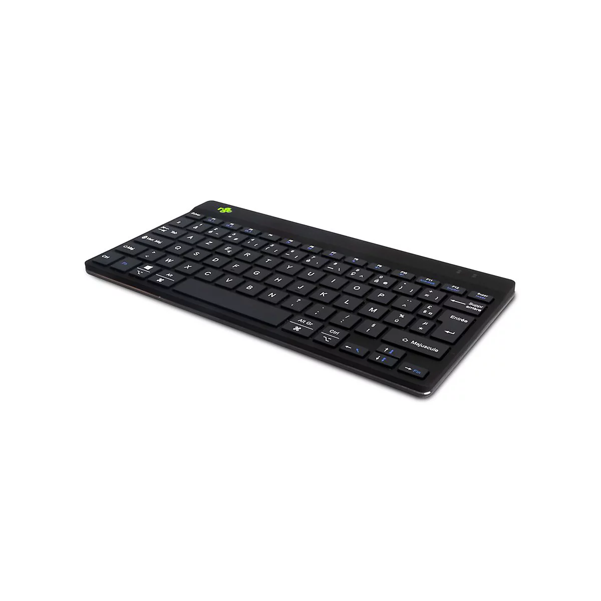 Schwarze, flache Tastatur mit französischem AZERTY-Layout auf weißem Hintergrund.
