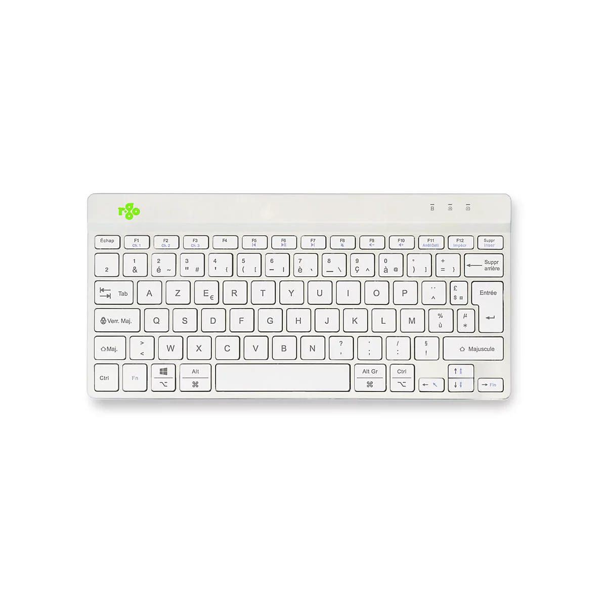 Kompakte weiße kabellose Tastatur mit französischem AZERTY-Layout und grünem Logo oben links auf weißem Hintergrund.