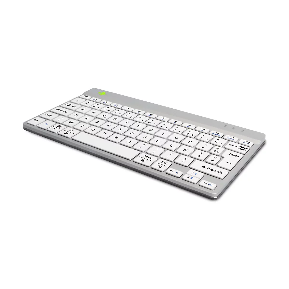 Flache, graue und weiße Tastatur mit französischem AZERTY-Layout auf weißem Hintergrund.