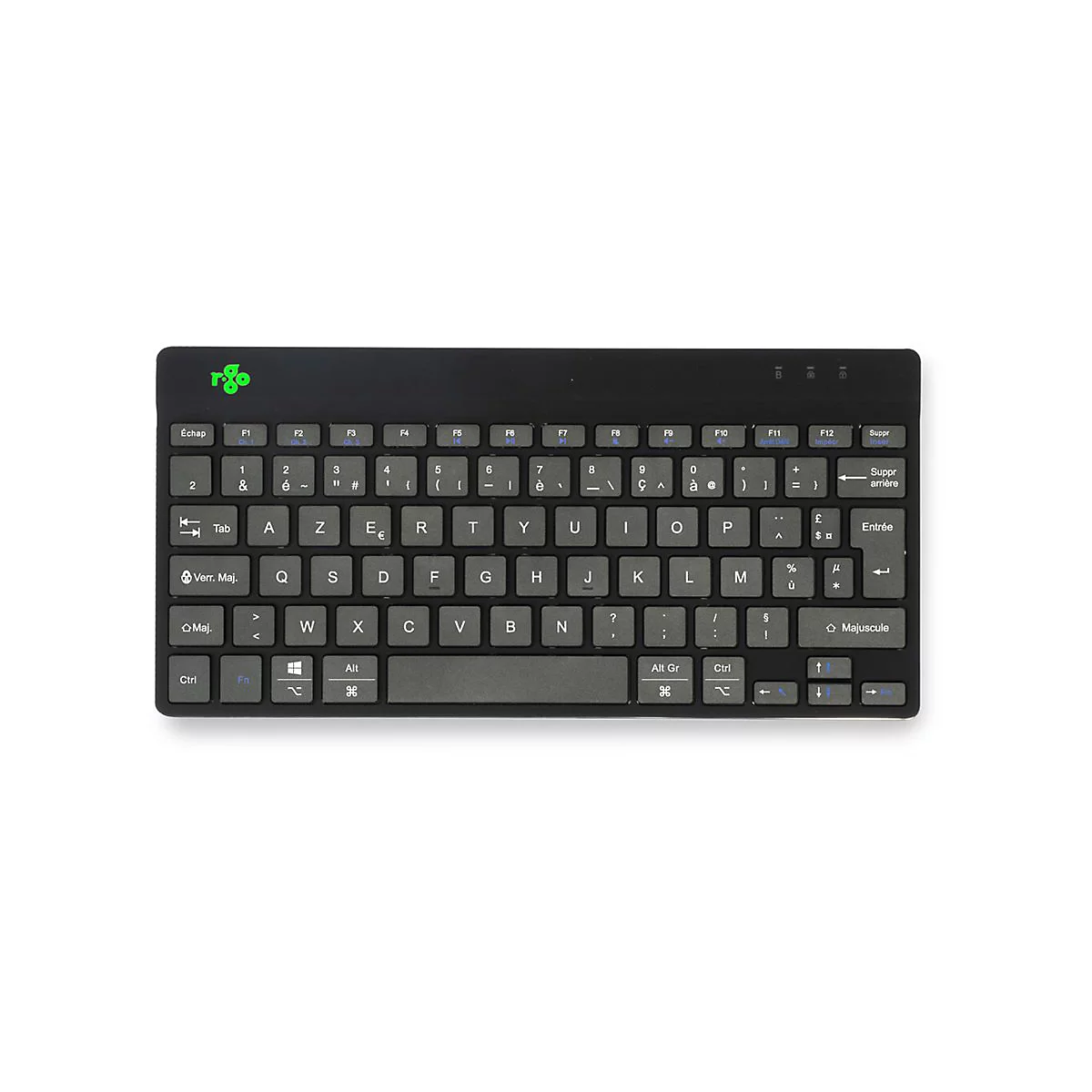 Schwarze R-Go Tools Kompakttastatur im AZERTY-Layout vor weißem Hintergrund.